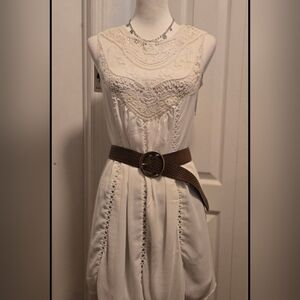 Elegant Cream Sleeveless Dress with Brown Belt